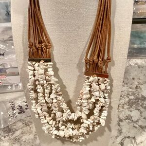 Chic Multi-Strand Ivory Stone Necklace with Brown Waxed Leather like Cords